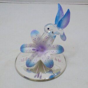 Glass Baron Hummingbird Blue Lily Mirrored Crystal Accents Air Brushed